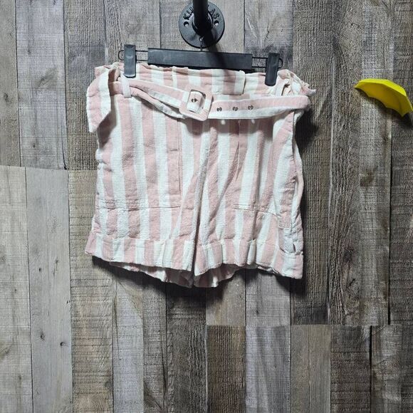 Chriselle Lim Pink and Cream Stripe Linen Blend Paperbag Shorts - Picture 2 of 5